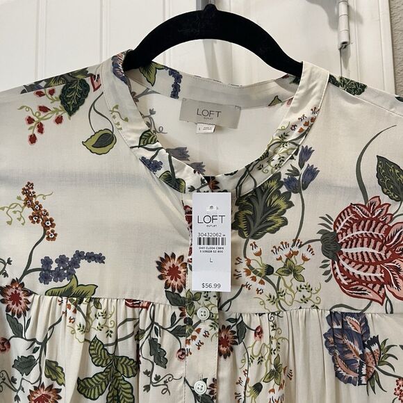 Loft Cream Blue Red Floral Half Button Long Sleeve Boho Top Womens Size L NEW - Picture 2 of 10